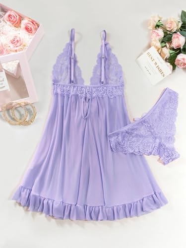 Image of Foxiny Sexy Open Front V Neck Ruffle Sheer Mesh Lace Wireless Babydoll Lingerie Dress with Thong 2 Piece