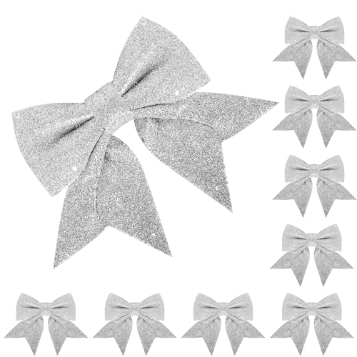 8 Pack Glitter Silver Christmas Bows - 15cm Wide, Silver Bows for Tree Decorations, Gift Wrapping, Crafting, Ornaments & Wreaths