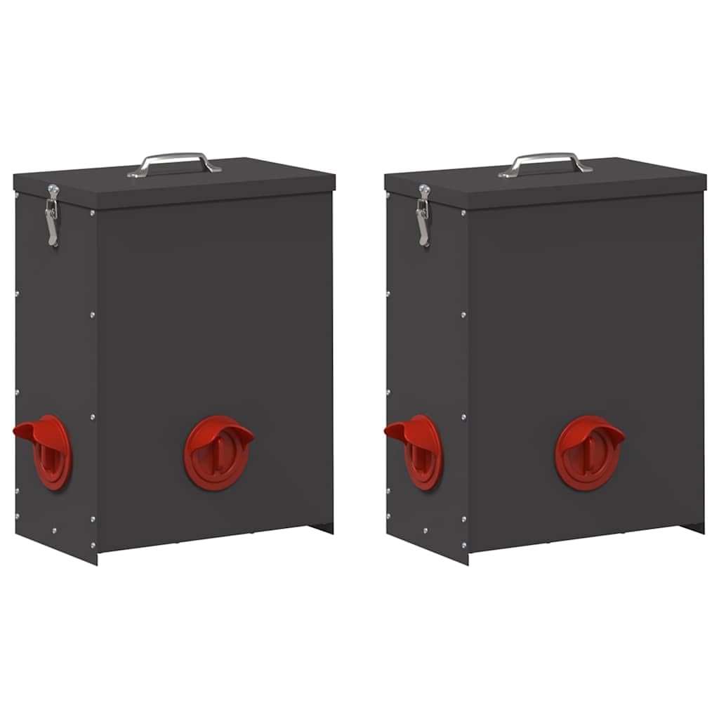 Comedero para gallinas 2 piezas de metal negro, 32,5 x 20,5 x 43 cm, gran capacidad de 25 kg con tapa bloqueable impermeable, diseño moderno para gallinero exterior, mantenimiento