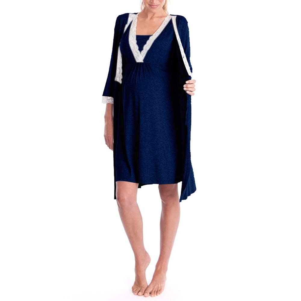 Women's Maternity Dresses Lace Breastfeeding Nightdress V Neck Pregnancy Robe Nightwear Nursing Nightgown Pajama Loungwear Sleepwear Dress for Home Hospital - 2 Pcs Set