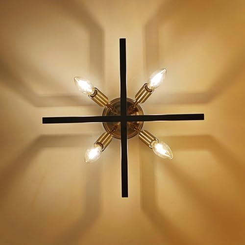 Image of Modern Industrial Semi Flush Mount Ceiling Light Fixture, Black and Gold Candelabra Farmhouse 4-Light Lighting for Kitchen, Dining Room, Bedroom, Hallway, Living Room, Entryway, Foyer