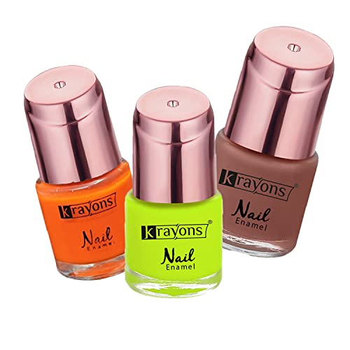 Image of Krayons Crazy Gel Nail Enamel, Waterproof, Longlasting, 8ml Each, Multicolor, Pack of 3 (Neon Orange, Neon Yellow, Romantic Nude)