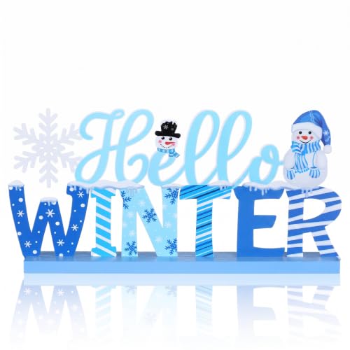 MiniInflat Hello Winter Table Decor Winter Metal Table Sign Christmas Blue Snowman...