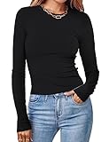 MEROKEETY Women Long Sleeve Slim Fit Crop Shirt Ribbed Knit Tops Casual Round Neck Y2K Tees Black Medium