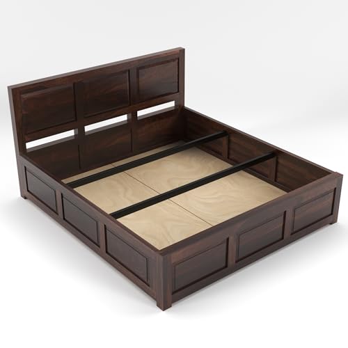 Image of Sheesham Wood King Size Bed with Storage Box | Wooden Box Bed King Size Double Cot Bed with Storage for Bedroom | Premium 3 Dalla Design Headboard Bed for Hotel, Home | Walnut Finish