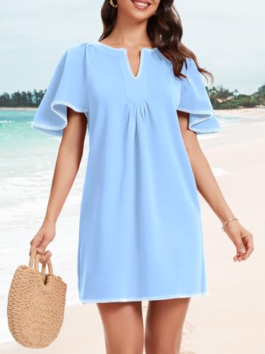 Image of KEOMUD Women's Summer Short Sleeve Mini Dress Casual V Neck Contrast Trim Flowy Shift Dresses with Pockets