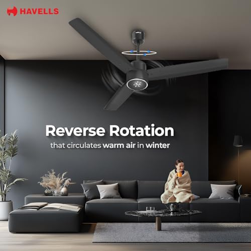 Image of Havells EPIC SIGNIA BLDC Ceiling Fan 1200mm, 5 star, LED Speed Indicator, 380 RPM, Up to 65% Savings, Reverse Rotation,4 Speed Modes, Low Wattage 30W, Low Noise, Air Flow:225 CMM, Black