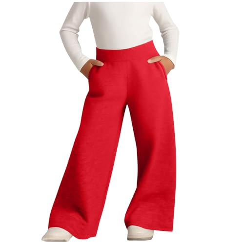 Girls Loose Fit Sweatpants Fashion High Waist Straight Leg Stretch Sports Pants Pocket Casual Comfort Trouser (4-15 Years) Red