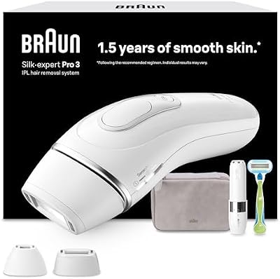 Braun Luz Pulsada Silk-expert Pro 3, Alternativa a Depiladora Laser, Eliminación Del Vello En Casa, Depiladora IPL Con Funda, Maquinilla Venus, 2 Cabezales Para Cara y Cuerpo, Blanca/Plateada, PL3136