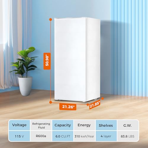 Kismile Upright Freezer, 6.0 Cu.ft Deep Freezer with Reversible Single Door,Removable Shelves, Small Stand Up Freezer with Adjustable Thermostat for Home/Kitchen/Office/Garage (White)