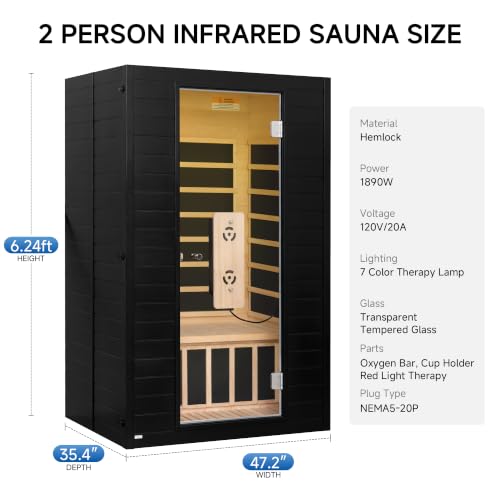 Infrared Sauna, 2 Person Home Sauna with Red Light Therapy Black - Image 3