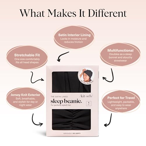 Kitsch Satin Lined Beanie - Softer than Silk Bonnet For Sleeping Women, Breathable Hair Cover for Sleeping, Slouchy Beanie, Bonnets for Women, Hair Wrap, Reduce Breakage for Freez-free Hairs - Black