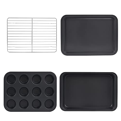 Kitcom Bakeware Sets Nonstick, Baking Pans Set With Roasting Pan, Cookie Sheet, 12-Cup Muffin Pan, Cooling Rack, Carbon Steel 4-Piece, Gray #TOP6