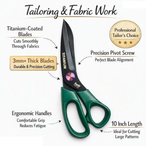 Image of Heff Heavy Titanium Tailor Fabric Scissors, Green Handle, Professional Cloth Cutting Tool, 10 Inches