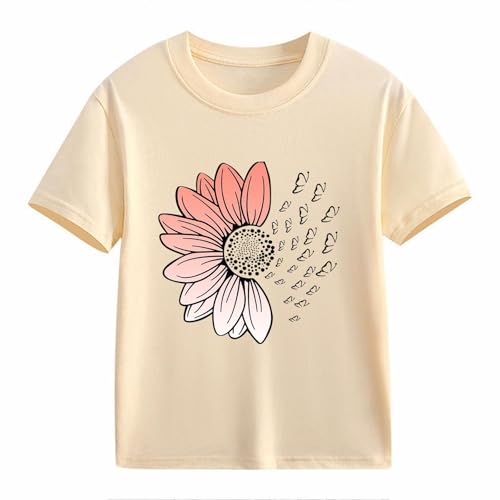Girls Loose Fit Sunflower Graphic T Shirts Short Sleeve Crewneck Cute Pattern Printed Tops Kids (B-Beige, 2-3 Years)2