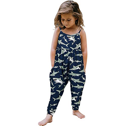 Image of POLG Toddler Baby Girl Jumpsuit One Piece Dinosaur Sleeveless Strap Romper Harem Pant with Pockets Summer Outfit Clothes (Dark Blue, 1-2 Years)