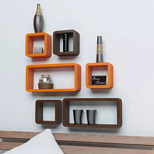 Image of Onlineshoppee Engineered Wood Cube Floating Wall Shelf (Orange) - Set of 6