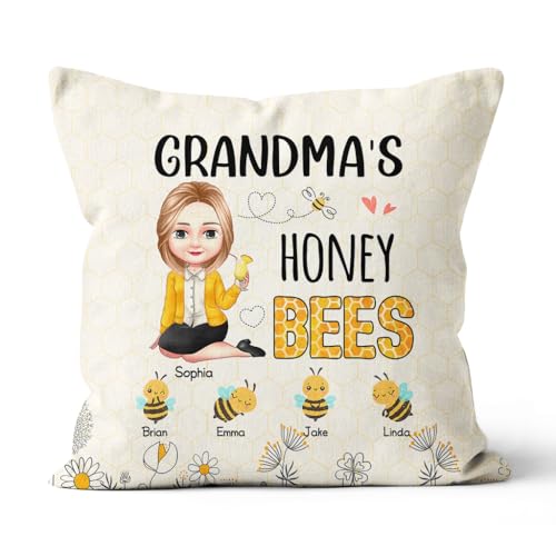 Gifts for Grandparents, Grandma's Honey Bees Kids Flowers, Personalized Square Pillow, Gifts for Grandma Nana from Grandkids, Sofa Couch Cushion, Gifts for Birthday Mother's Day