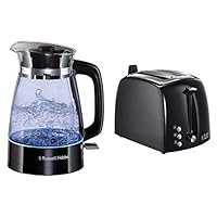 Russell Hobbs Toaster Textures+, 2 extra breite Toastschlitze, Brötchenaufsatz, 850W, schwarz 22601-56 & Wasserkocher Glas Classic Design mit LED-Beleuchtung (1,7l, 2400W) 26080-70
