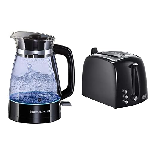Russell Hobbs Glass Classic Hervidor De Agua Eléctrico - 2400 W, 1,7 Litros + Textures Plus Tostadora - 2 Ranuras Cortas Y Anchas, Para 2 Rebanadas, Plástico Con Detalles Acero Inoxidable