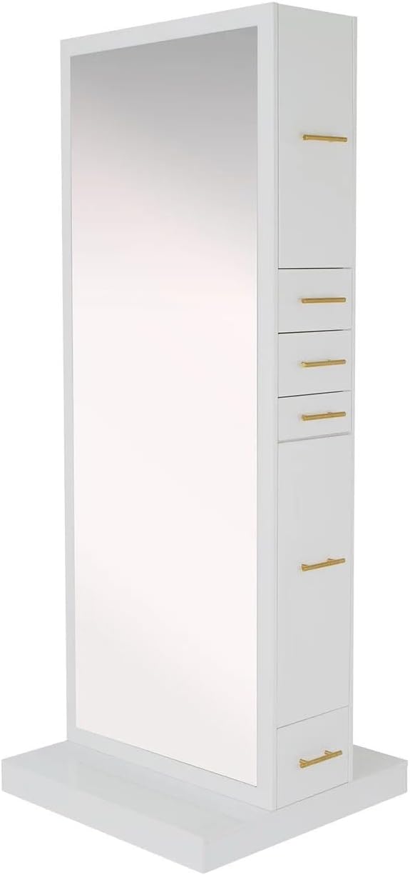 Buy-Rite Modena Double-Sided Styling Station for Salons & Barbershops - Gloss White Finish, 2 Full-Length Mirrors, 8 Drawers, Slide-Out Tool Panels, Hidden Wheels & Storage Cabinets, NIN-MD-01