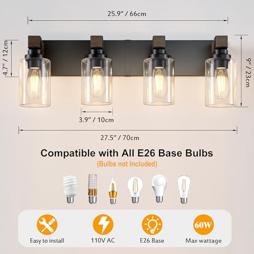 Image of Farmhouse Bathroom Vanity Light Fixtures, Rustic 4-Light Wood Vanity Lights for Bathroom, Vintage Black Wall Sconces Lighting, Light fixtures Over Mirror, with Glass Shade