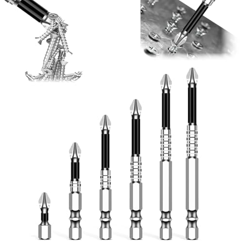 Image of Serplex 6PCS Magnetic Screwdriver Bit Set, Heavy Duty Alloy Steel, 1 /4 inch Hex Shank, Impact Resistant, 25 /50 /65 /70 /90 /150mm, Anti-Slip Cross Phillips Drill Bits for Electric Drills, & Professional Use