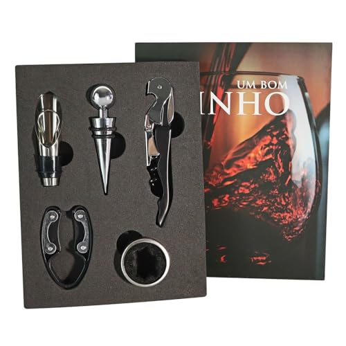 Kit Sommelier para Vinho com 5 Peças em Estojo Livro, Conjunto com Canivete Saca-Rolhas, Anel Salva-
