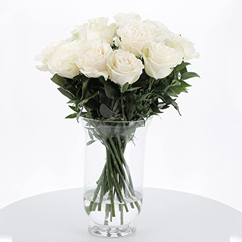 KENTIS - Bouquet di Rose Bianche Vere - Rose Fresche a Stelo Lungo 50 cm a Domicilio con Biglietto Personalizzato - 12 Rose Bianche