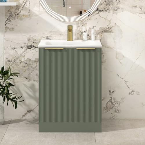 Image of Royal Bathrooms Evora 600mm Satin Green Fluted Floor Standing Bathroom Vanity Unit 2 Door with Stone Basin & Brushed Brass Handles