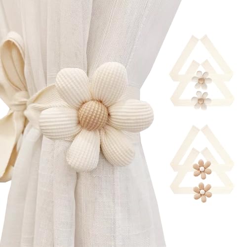 Image of SRG 4PCS Curtain Tiebacks | Boho Flower Curtain Holdbacks | Simple Elegant Sunflower Curtain Holders | Boho Bedroom Decor（2Pcs Cream&2Pcs Khaki）