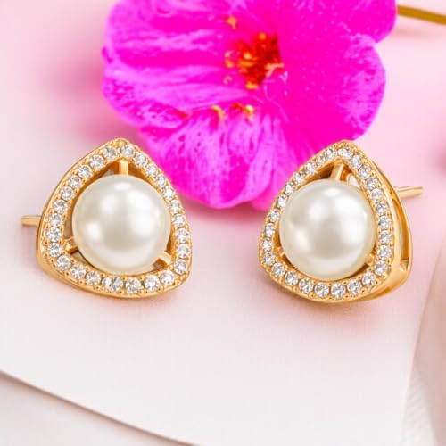Image of Nilu's Collection Rose Gold Plated Triangular Design Pearl Stud Earrings With American Diamond for Women And Girls | Gift For Her | Anti- Allergy |Anti-Tarnish | Office Wear