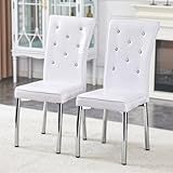JUFU Modern Glam Dining Chairs Set of 2, White Faux Leather with Crystal-Tufted High Back, Croc Texture, Chrome Metal Legs, Wipe-Clean, Wobble-Free When Leveled, Easy Assembly