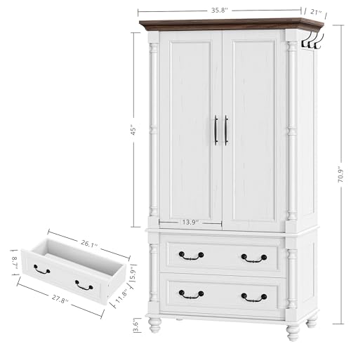 LIKIMIO Farmhouse Armoire Wardrobe Closet with 2 Doors and 2 Drawers, 70" H x 36" W, Large Bedroom Armoire with Roman Column and 3 Hanging Hooks, Wooden Freestanding Closet Cabinet, White - Image 3