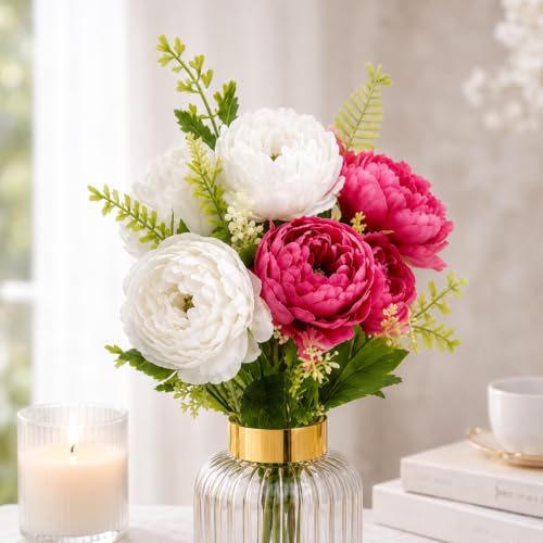 Image of CURATED CART 2 Bunch Artificial Peony Rose Flower Bouquet (Pink & White) | 10 Flower Heads, for Home Decor, Office, Bedroom, Balcony, Table Display, Wedding Decoration (Without Vase Pot)