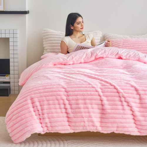 Image of Besfunny Pink Fluffy Comforter Cover Queen Size ,Plush Striped Bedding 3pcs Set(1 Queen Size Fuzzy Duvet Cover+2 Fur Pillow Cases ) Faux Fur Luxury Bed Set (Pink, Queen)