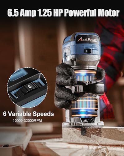 Image of AVID POWER 6.5 Amp 1.25 HP Compact Router Tools for Woodworking, Fixed Base Wood Router with Trim Router Bits, 6 Variable Speeds, Edge Guide, Roller Guide, Dust Hood (Blue, 65mm)