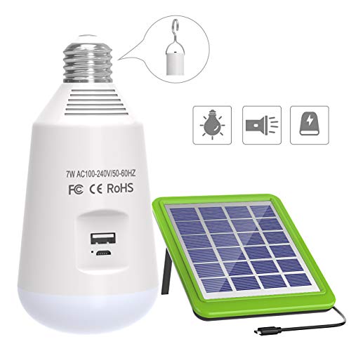 ERAY Rechargeable LED Light Bulb with Solar Panel, Portable 7W E27 2600mAh Camping Lamp Emergency Power Bank for Camping Tent Home