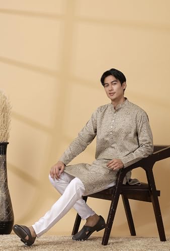 Image of Majestic Man Men's Cotton Regular Fit Casual Mandarin Collar Ethnic Motifs Printed Long Regular Kurta