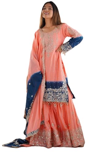 Image of Pandadi Saree Women's Chinon Silk Embroidery Kurta Sharara Set With Dupatta.
