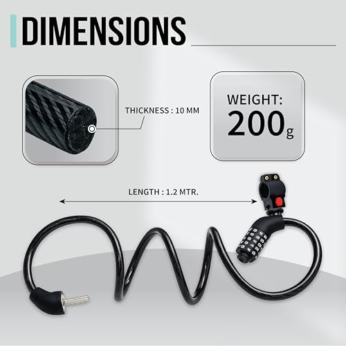 Image of Robustt 5 Digit Resettable Combination Lock with Mounting Bracket |1.2m Long, 10mm Thick Cut-Resistant Braided Steel with PVC Coating | Keyless Number Lock for Cycle, Bike, Helmet & Gate