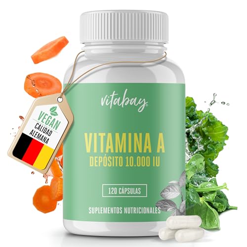 Vitabay Vitamina A 10.000 UI Alta Dosis - 120 cápsulas veganas de vitamina A retinol - para ojos, piel y sistema inmunológico - Probada en laboratorio