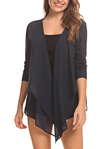 Abollria Damen Chiffon Cardigan Dünn Langarm Strickjacke mit Seitentaschen Fließend Asymmetrisch Schnitt Offen Tragen Leichtgewicht