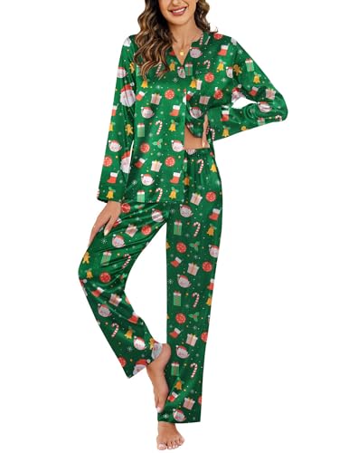 Ekouaer Conjunto de pijama feminino de cetim de seda, 2 peças, calça longa, roupa de dormir macia, c