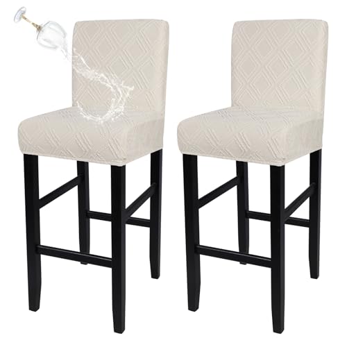 Image of SearchI Water Repellent Bar Stool Covers Set of 2, Stretch Washable Barstool Seat Covers, Counter Height Chair Covers for Kitchen Dining Room Cafe (Beige Diamond Jacquard)