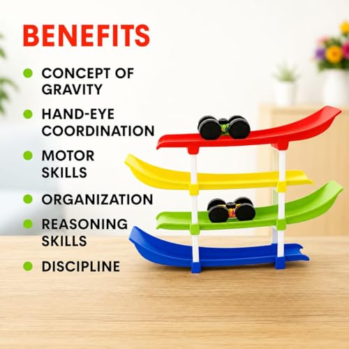 Image of 4-Level Car Ramp Racer Toy with 4 Mini Cars for Kids | Rolling Track Racing Toy for Toddlers Age 2-7 Years | Educational Car Slide | Birthday Gift for Boys & Girls | Colorful Racing Ramp Set