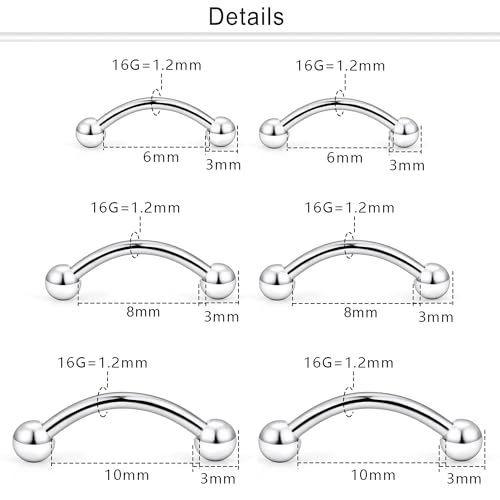 Dyknasz Internally Threaded Eyebrow Piercing Jewelry Surgical Steel Curved Barbell Tiny Eyebrow Ring Vertical Labret Lip Jewelry Ear Rook Small Belly Button Ring for Women Men 16g 6mm/8mm/10mm2