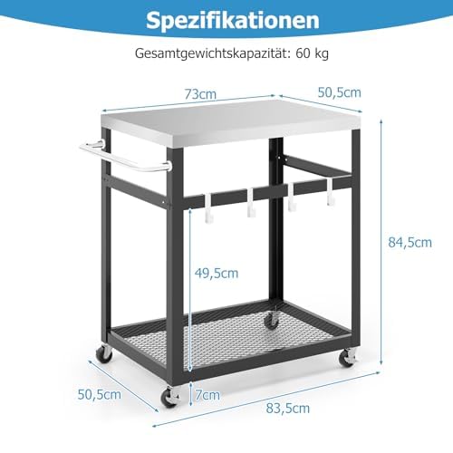 Generisch Grilltisch Outdoor, Servierwagen mit 2 Ablagen & 4 Rädern & Griff & 4 Haken, Pizzatisch Beistelltisch Grillwagen für Hinterhof, Garten, Terrasse (2 Ablagen), Schwarz + Silber