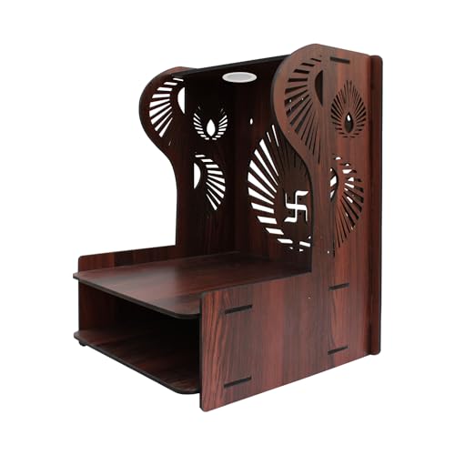 Image of Olive Tree Ethnic Wooden Pooja Mandir for Home Handcrafted Puja Stand | Wall Mounted with LED Spot Light | Mandapam, Pooja Ghar, Temple Office Decor - Walnut Size 12X12X16 Inch 1006