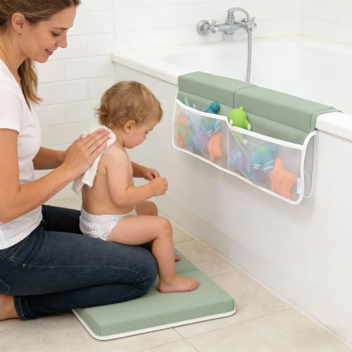Almohadillas antideslizantes baño bebé para evitar caídas con ventosas y organizador de juguetes 7